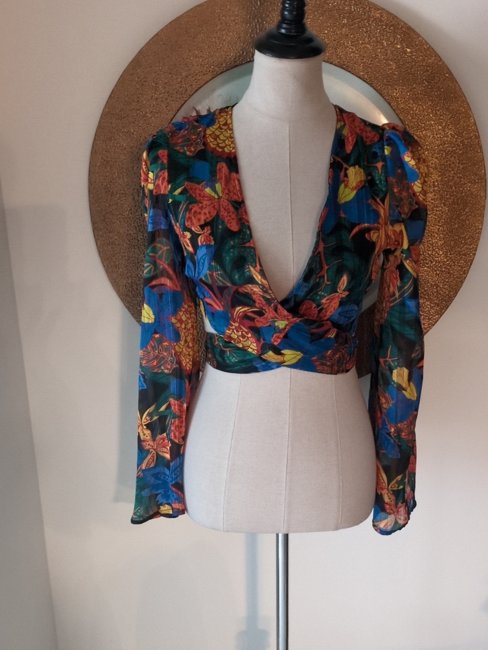 SHEIN Floral Wrap Crop Top in Blue, Green, Yellow and Orange